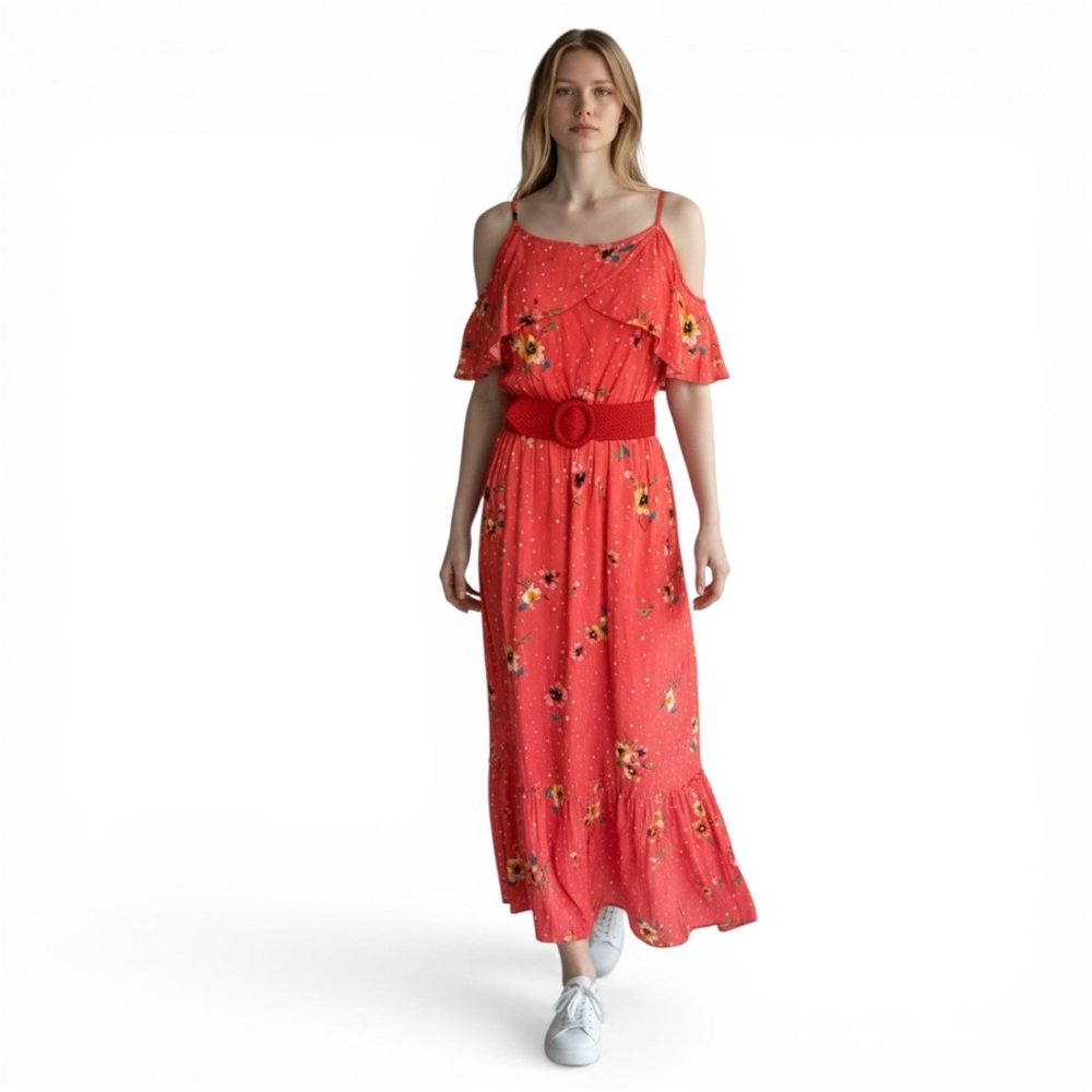 Peyton & Parker Coral Floral Maxi Dress Ruffle Overlay Spaghetti Strap Size M